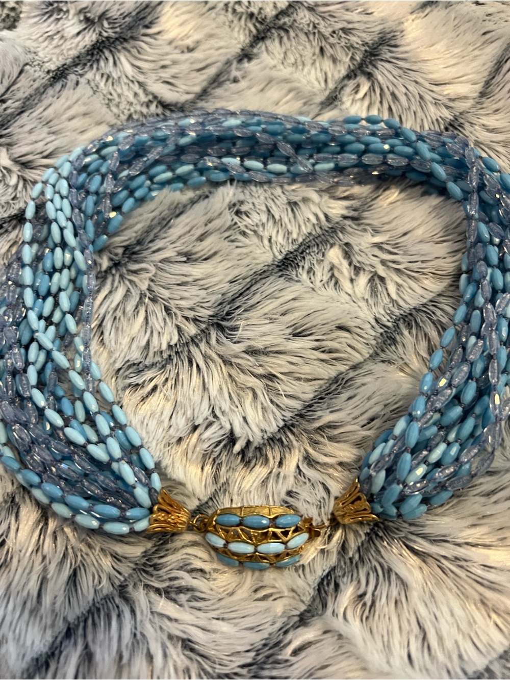 Vintage Multi-Strand Blue Beaded Necklace with Gold-Tone Clasp